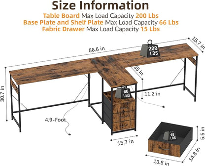 YOSHOOT 2 Person Computer Desk, 87" Long Gaming Desk for 2 People | Double Desk with 3 Fabric Drawers and 2 Power Outlets, Home Office Table for Adults and Teenagers, Rustic Brown