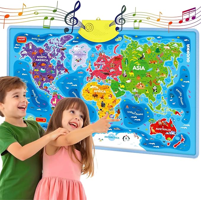 QUOKKA Educational Toys for Kids 5-7 Year Old - World Map Learning Wall Chart for Toddlers Age 3 4 6+ - Interactive Speech Therapy Poster Boy Girl - Autism Puzzle Game 8-10-12