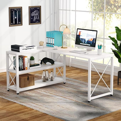 Tribesigns Reversible Industrial L-Shaped Desk with Storage Shelves, Corner Computer Desk PC Laptop Study Table Workstation for Home Office Small Space (White, 59")