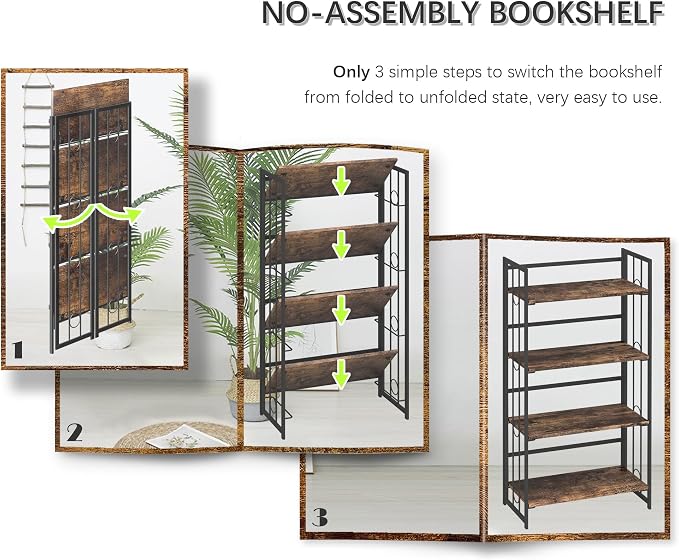 4NM No Assembly 4 Tiers Folding Bookshelf, 47.2" H Foldable Storage Shelves Vintage Bookcase Standing Racks Study Organizer Home Office - Rustic Brown Black