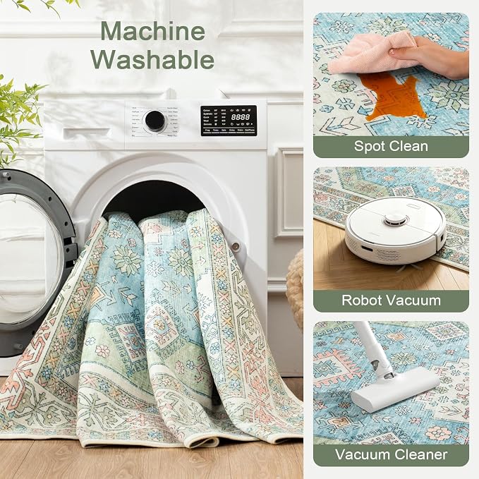 Lofus Vintage Living Room Rugs 5x7, Soft Machine Washable Area Rug for Bedroom Indoor Floor Home Office House Decor, Oriental Traditional Distressed Farmhouse Carpet, Boho Sage Green and Light Blue