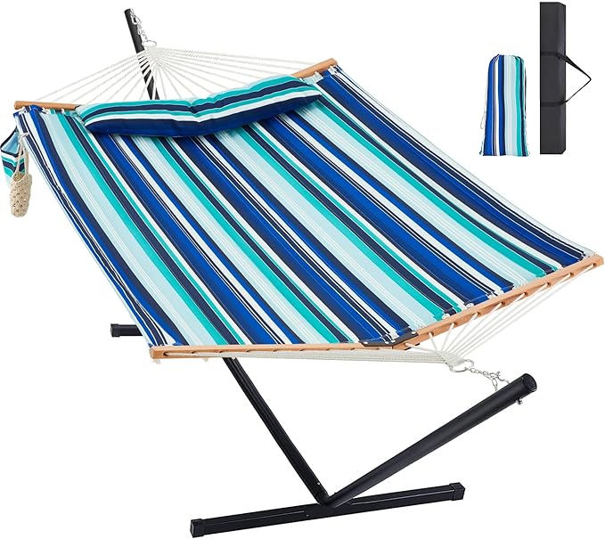 Two Person Hammock with Stand for Outside Heavy Duty, Outdoor Patio Hammock with Portable Steel Stand, Large Double Hammocks,480lbs Capacity.(Blue Stripes)