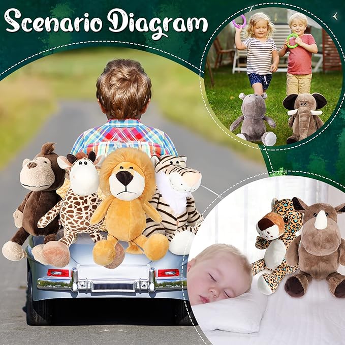 HyDren 10 Pieces 9 Inches Safari Stuffed Animals Set and Elephant Giraffe Lion Tiger Monkey Rhinoceros Zebra Leopard Hippo for Shower Jungle Animal(Classic)