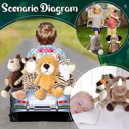 HyDren 10 Pieces 9 Inches Safari Stuffed Animals Set and Elephant Giraffe Lion Tiger Monkey Rhinoceros Zebra Leopard Hippo for Shower Jungle Animal(Classic)
