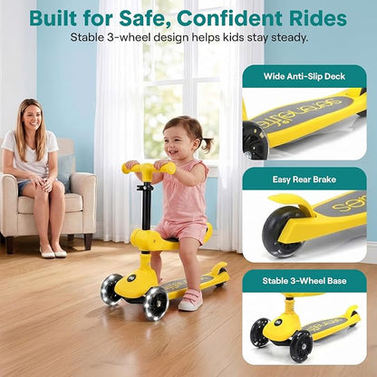 SereneLife 3 Wheel Scooter for Toddlers & Kids, Foldable Seat, LED Wheels, Adjustable Handlebar, Anti-Slip Deck, Rear Foot Brake, Lean-to-Steer, Kid Scooter Ages 18M–7Y, Supports up to 110 lbs, Yellow