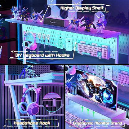 55'' White Gaming Desk with Hutch and LED Lights, Gaming Computer Desk with Storage Shelves & Z-Shaped Legs, Reversible PC Gaming Desk with Pegboard, Ergonomic Desk for Bedroom, Carbon Fiber Surface