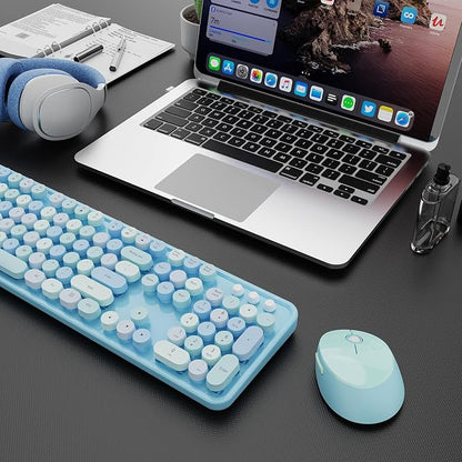 Wireless Keyboard and Mouse Combo, Ergonomic Full Size Typewriter Retro Round Keycaps Keyboard, Compatible with Windows, PC, Perfer for Home and Office Keyboards (Blue