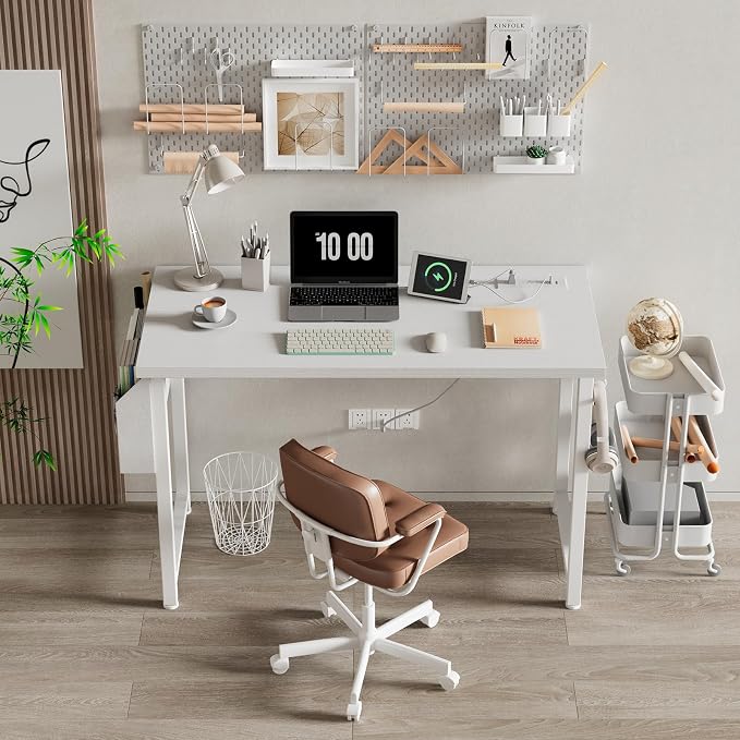 Lufeiya White Computer Desk with Power Outlet, 40 inch Simple Teen Study Table Home Office Work Writing Desks with Charging Station Outlets USB Port Built in, Storage Pocket，White