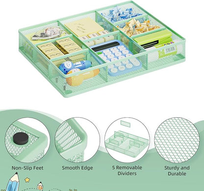 Marbrasse Desk Drawer Organizer, Metal Mesh Drawer Organizer Tray with 5 Adjustable Compartments,Desk Organizers and Accessories for Home,Office,Kitchen,Makeup,Vanity (Green)