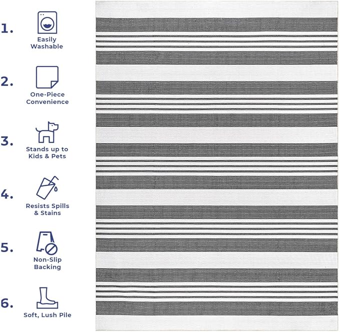 nuLOOM Lena Machine Washable Striped Ultra Thin Area Rug, 9' x 12', Grey