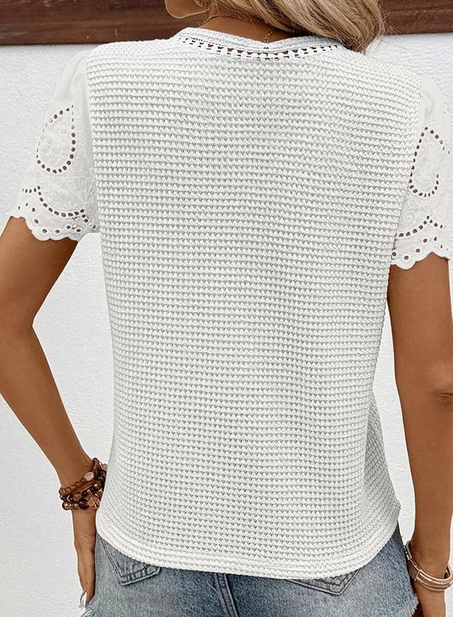 SHEWIN Womens Frenchy Summer Tops Crewneck Short Sleeve T Shirts Casual Waffle Knit Jacquard Blouses Top Shirts