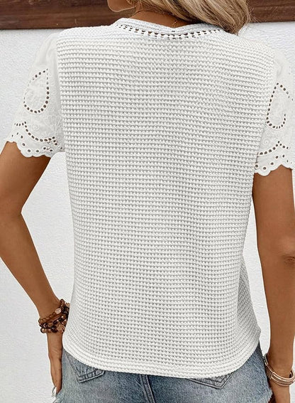 SHEWIN Womens Frenchy Summer Tops Crewneck Short Sleeve T Shirts Casual Waffle Knit Jacquard Blouses Top Shirts