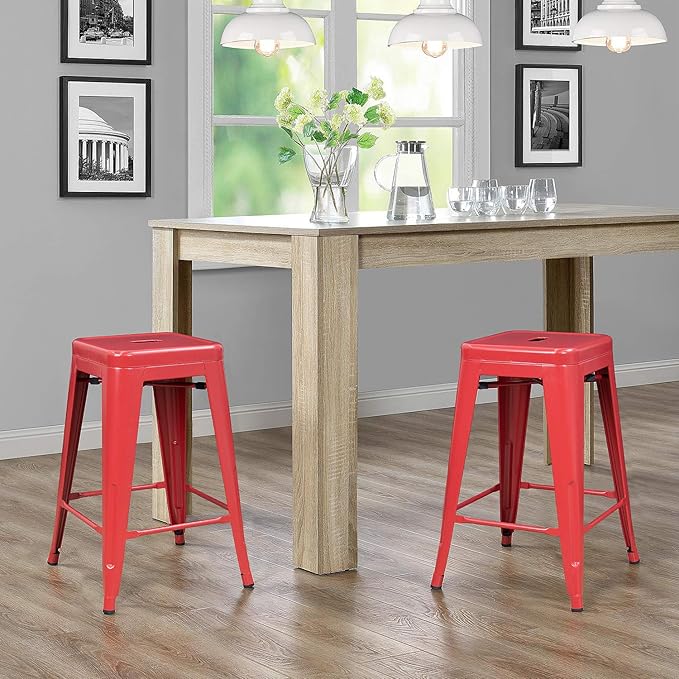Devoko Metal Bar Stools 24" Indoor Outdoor Stackable Barstools Modern Style Industrial Vintage Counter Bar Stools Set of 4 (24 inch, Red)
