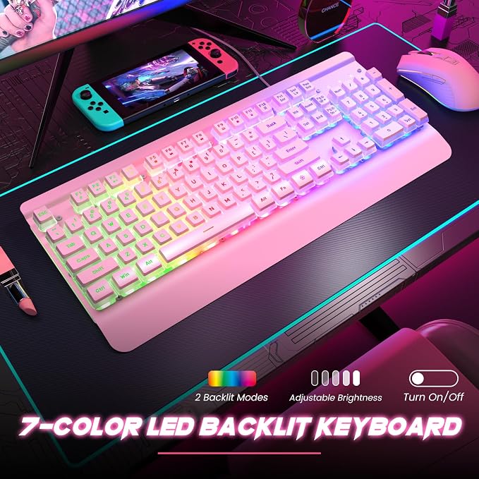 Pink Creamy Keyboard, 104 Keys All-Metal Panel, Rainbow LED Backlit Silent Gaming Keyboard, Wrist Rest, PBT Keycap, Anti-ghosting Keys, Light Up USB Wired Computer Keyboard for PC | Pink Creamy Keyboard Rainbow LED Backlit, Wrist Rest, PBT keycaps, Ant...