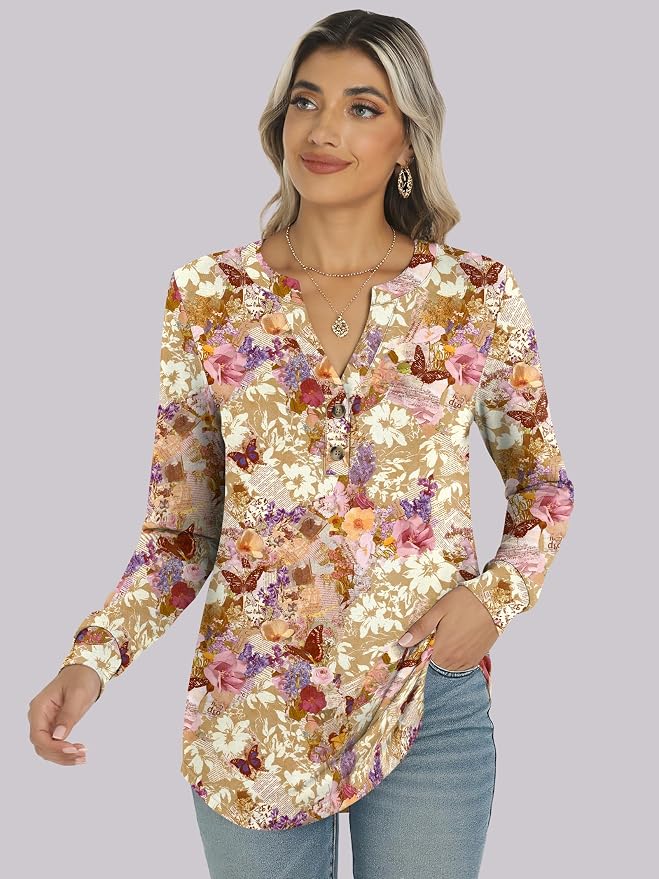 ANRABESS Women's Long Sleeve Shirts 2026 Spring Fashion Dressy Casual Tops Trendy Henley Blouses Cute Work Outfits Clothes