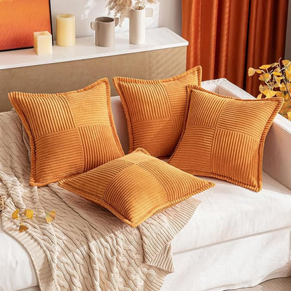 MIULEE Fall Burnt Orange Decorative Throw Pillow Covers for Couch Bed Livingroom 16x16 Inch Set of 2 Boho Accent Throw Pllows Broadside Striped Patchwork Soft Corduroy Pillowcases