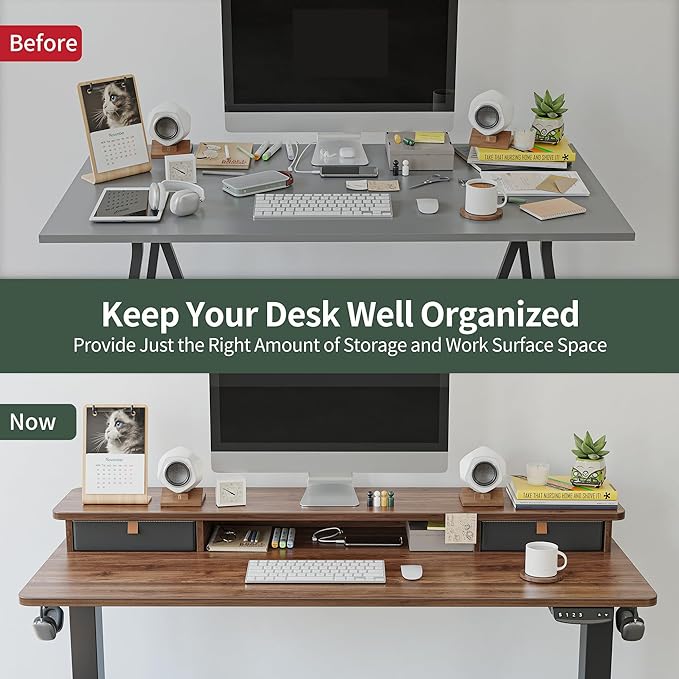 FEZIBO 55 x 24 Inch Height Adjustable Electric Standing Desk with Double Drawer, Stand Up Desk with Storage Shelf, Sit Stand Desk, Blcak Walnut