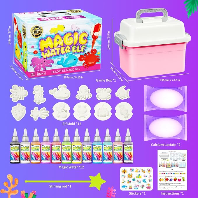 Magic Water Toy Elf Kit, Water Fairy Water Gel Kit with 12 Magic Gels, 12 Shape Molds, Fun Summer Toys Gifts Kids Birthday Party Favors, DIY STEM Aqua Kits Boys Girls Toys for Age 3+(12 Colors)