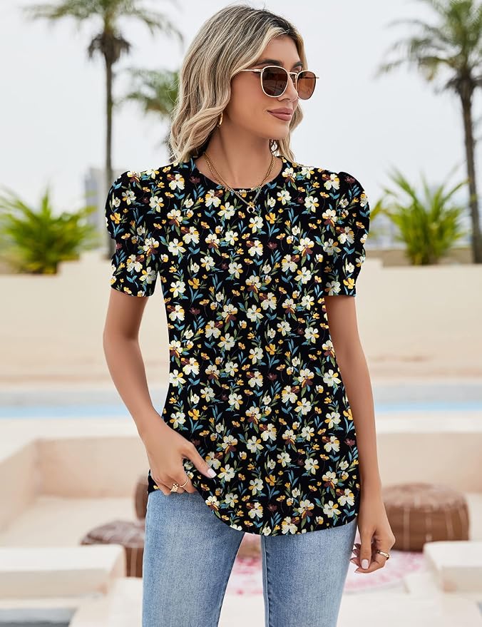 Ivicoer Puff Short Sleeve Shirt for Women Eyelet Tops Summer Crewneck Blouse Loose Fit S-XXL