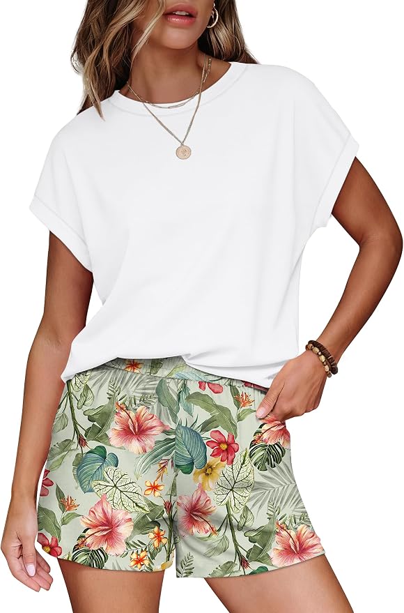 WIHOLL Two Piece Sets for Women Summer Lounge Short Sets Cap Sleeve Crew Neck Sweatsuit with Pocket XS-2XL