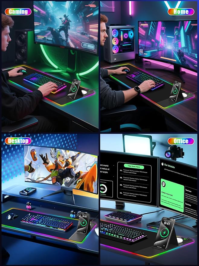 Mouse Pad with Foldable Phone Holder & Wireless Charger, XXL RGB Gaming Mousepad 31.5"x15.8" Large Desk Mat for Keyboard, Black Desk Pad with Dual Qi Charging Station | 11 Colors 5 Modes | Waterproof