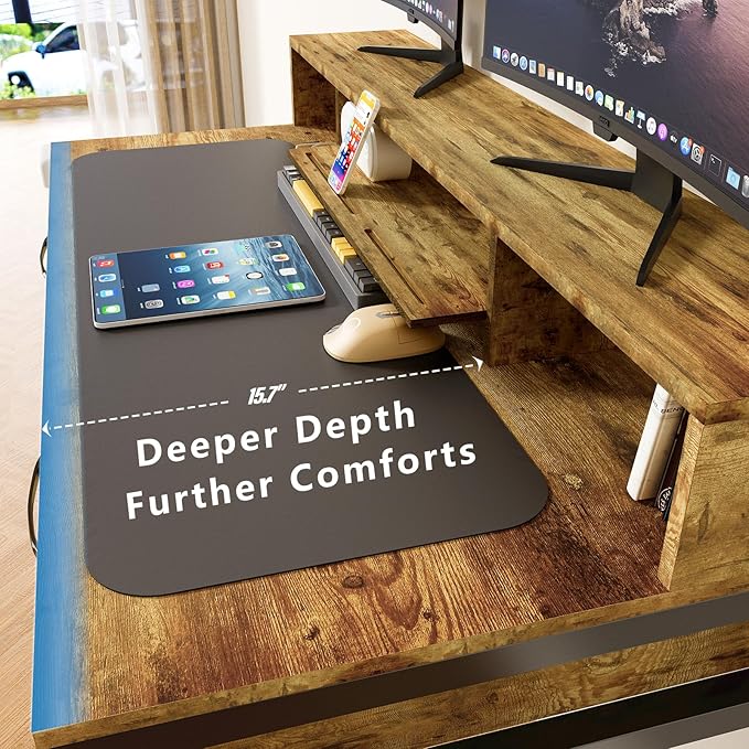 Computer Desk with Drawers, 47" Home Office Desk with Monitor Shelf, Writing Desk with Storage, Gaming Desk Work Desk Study Desk for Bedroom, Rustic Brown