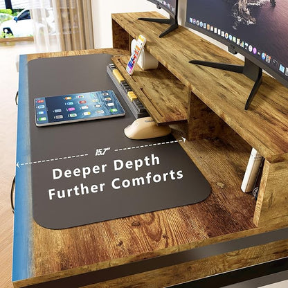 Computer Desk with Drawers, 47" Home Office Desk with Monitor Shelf, Writing Desk with Storage, Gaming Desk Work Desk Study Desk for Bedroom, Rustic Brown