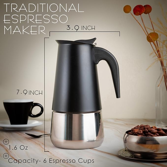 Mixpresso 6 Cup Greca Moka Pot, Stainless Steel Stovetop Espresso Maker | 300ml/10oz Italian stovetop coffee maker with classic percolator design, ideal for preparing coffee at home or while camping