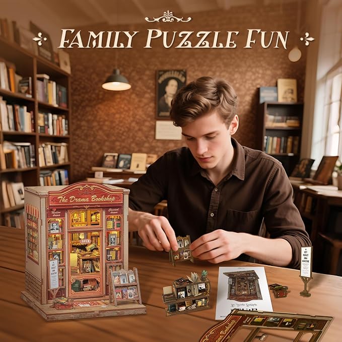 CUTEBEE Book Nook Kit - DIY Miniature House Dollhouse Kit for Adults and Teens, Booknook Tiny House Bookshelf Decor 3D Wooden Puzzle, Gifts for Family Friends (Drama Bookshop)