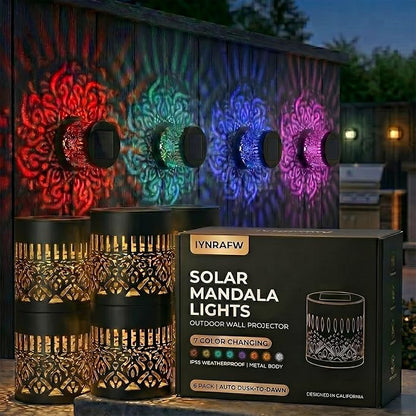 Solar Mandala Lights Outdoor Wall Projector Metal 7 Color Changing IP65 Waterproof Decorative Mounted Wireless Night Lighting for Yard Patio Fence Deck Pathway Garden Decor and Holiday Gifts