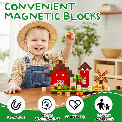 200PCS Large Farm Magnetic Building Blocks, Animals Stacking Magnet Build Cubes Montessori STEM Sensory Educational Game Toys for Kids Boys Girls Christmas Xmas Birthday Gifts