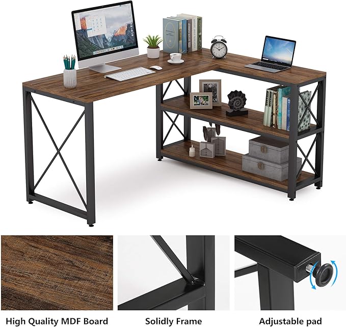 Tribesigns Reversible Industrial L-Shaped Desk with Storage Shelves, Corner Computer Desk PC Laptop Study Table Workstation for Home Office Small Space (Brown, 53")