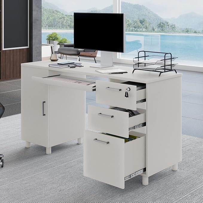 Modern Design By Crafts & comfort Venice Computer Desk - Office Desk with 3 Drawers & CPU Storage Cabinet - Laptop Workstation with Keyboard Tray & Cable Hole - Home & Office Supplies -White