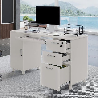 Modern Design By Crafts & comfort Venice Computer Desk - Office Desk with 3 Drawers & CPU Storage Cabinet - Laptop Workstation with Keyboard Tray & Cable Hole - Home & Office Supplies -White