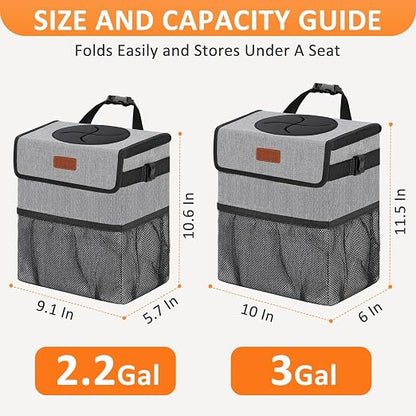 Vankor 3 Gallons Car Trash Can with Lid, Car Trash Bag Bin Hanging Waterproof Automotive Garbage Cans Leak Proof Vehicle Can Grey