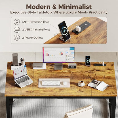 Mericonia 63 Inch Computer Desk with Power Outlets, 1.2" Thick Office Table | Modern Simple Style, Heavy Duty Industrial Frame, Large Study & Writing Table for Home Bedroom Work, Brown