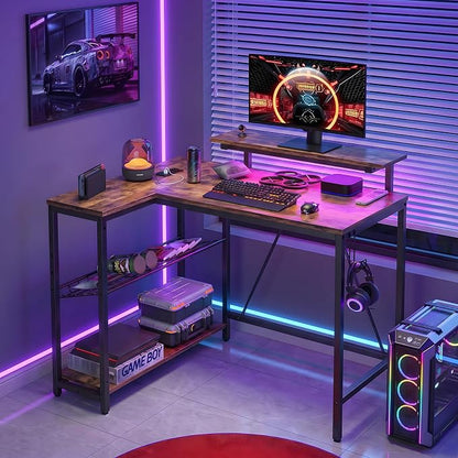 Bestier 42-Inch L-Shaped Gaming Desk with Charging & LED, Rustic Brown | Charging 2AC+USB+Type-C, RGB LED 7 Colors/20 Modes, Reversible Storage Shelves, 3D Carbon Fiber, Headphone Hook, Small Space