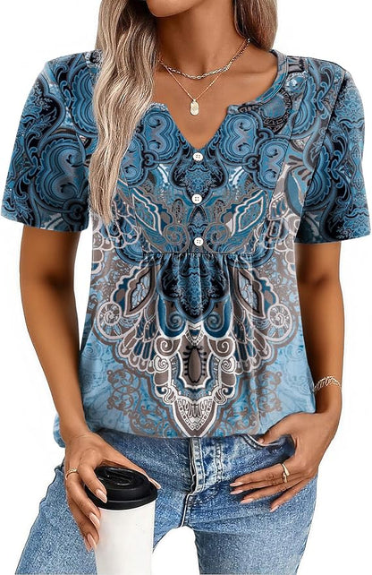 Zeagoo Womens Short Sleeve Tops Summer Henley V-Neck Tshirts Casual Pleated Blouse Dressy Loose Floral Basic Tee
