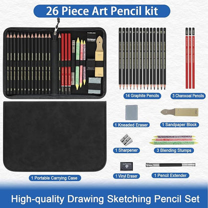 Heshengping, Sketching and Drawing Pencils Set 26pcs, Art Supplies Drawing pencil Kit,Graphite Charcoal Professional Pencils Set, Adults Beginners Artist