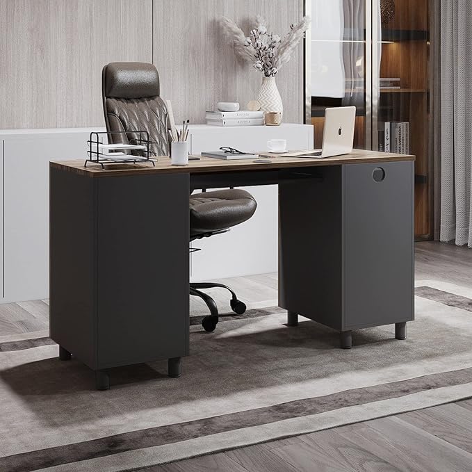 Modern Design By Crafts & comfort Venice Computer Desk - Office Desk with 3 Drawers & CPU Storage Cabinet - Laptop Workstation with Keyboard Tray & Cable Hole - Home & Office Supplies -Cass/black