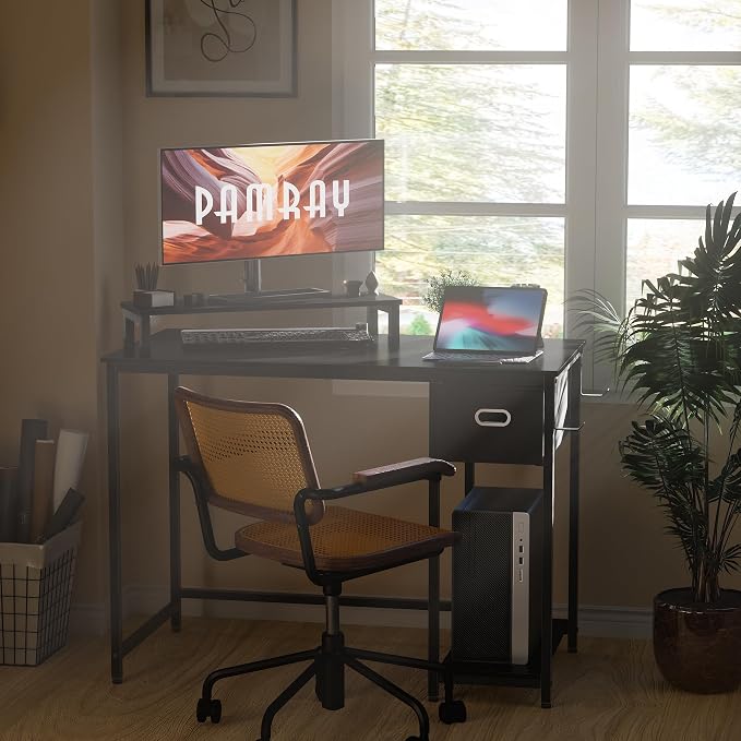 Pamray 39 Inch Small Computer Desk with Monitor Stand and Drawer for Gaming | Small Gaming Desk, for Bedroom Small Spaces, Home Office, Dorm and Apartment, for Writing, Study and Working