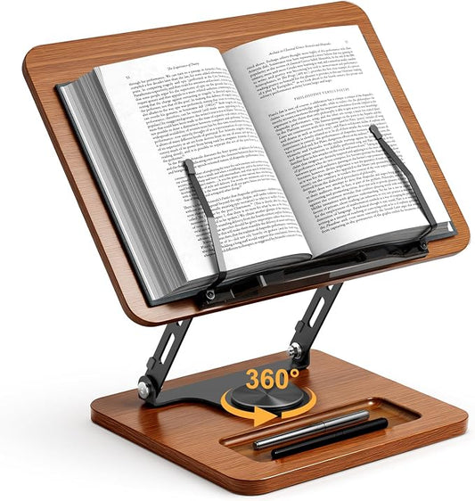OPTIXCELL Book Stand for Reading, 360° Rotating Book Holder, Page Clips | Hands Free, Built-in Storage Tray, Adjustable Height Angle, Non-Slip, Foldable 13.3x9.4x1.9in, Fits Cookbook Tablet & Laptop