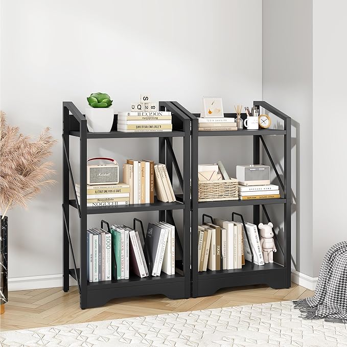 Vagusicc 3 Tier Bookshelf, Small Book Shelf Industrial Bookshelf, Wood Short Book Shelf Office Shelves with Metal Frame, Black Open Shelf Storage Organizer Bookcase for Living Room Bedroom, Black