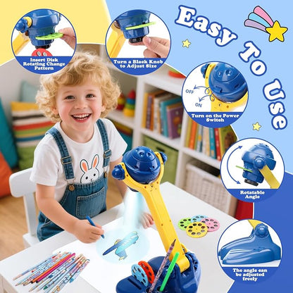Sumsoltic Drawing Projector for Kids, Art and Craft Kit,Including Colored Pencils, Crayons, Coloring Books, Toys for 3+ Year Old Boys (Blue Drawing Kit v2)