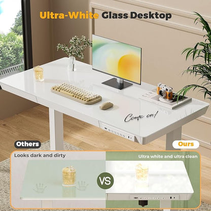 40" Glass Standing Desk with Drawer, Electric Stand up Desk | Height Adjustable Desk with One-Piece Tabletop & USB Charging Ports, Sit Stand Desk with Storage for Home Office, White