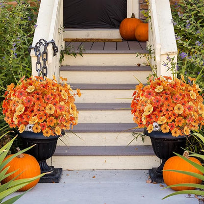 AGIRL 16 Bundles Artificial Fall Flowers Outdoor Indoor Decoration,No Fade Autumn Fake Plastic Plants with Eucalyptus Leaves,Faux Mums for Thanksgiving Garden Front Door Porch Patio Fall Decor