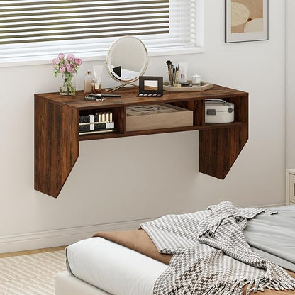 Giantex Wall-Mounted Computer Desk, Floating Laptop Desk with 3 Storage Compartments, Space-Saving Home Office Workstation Vanity Table for Bedroom, Study, Living Room (Rustic Brown)