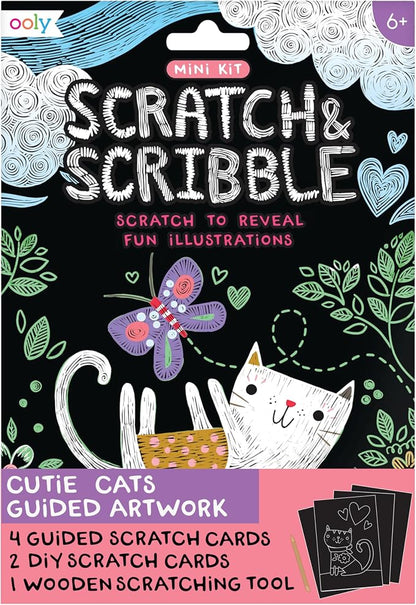 Ooly Mini Travel Crafts for Kids – 6 Card Scratch Art Kit, Compact Car & Airplane Activity, Wooden Stylus Included – Cutie Cats
