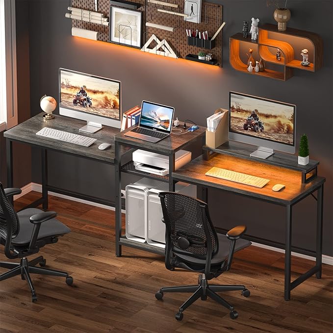 Unikito Two Person Desk with LED Light and Power Outlet, Double Computer Desks with Monitor Stand and Printer Stand, Double Gaming Computer Desk, Long Gaming Desk, Home Office Work Desk, Black Oak