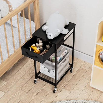 CADUKE 2 Tier PC Stand - Black Computer Tower Stand with Fabric Drawer, Modern Printer Stand with Wheels, Under Desk for Office & Study Room